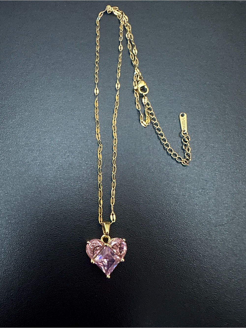 18kt Gold Plated Stainless Steel Necklace with Tourmaline Pink Heart Pendant